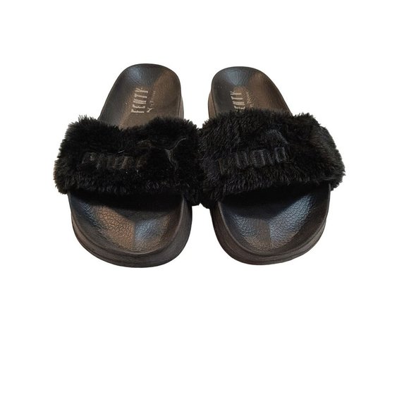 Fenty X Puma Sandals Women's 8 Black Leadcat Slides Fuzzy Slip On Comfy Rhianna - Picture 3 of 9